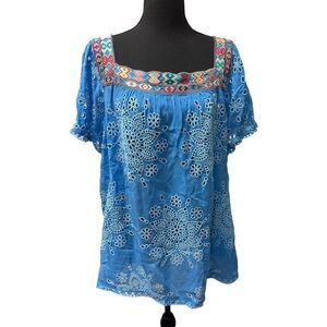 Johnny Was L Royal Blue Eyelet Embroidered Boho Peasant Top